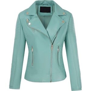 Vegan leather jacket Tiffany blue Teal Biker Jacket size small moto coat silver